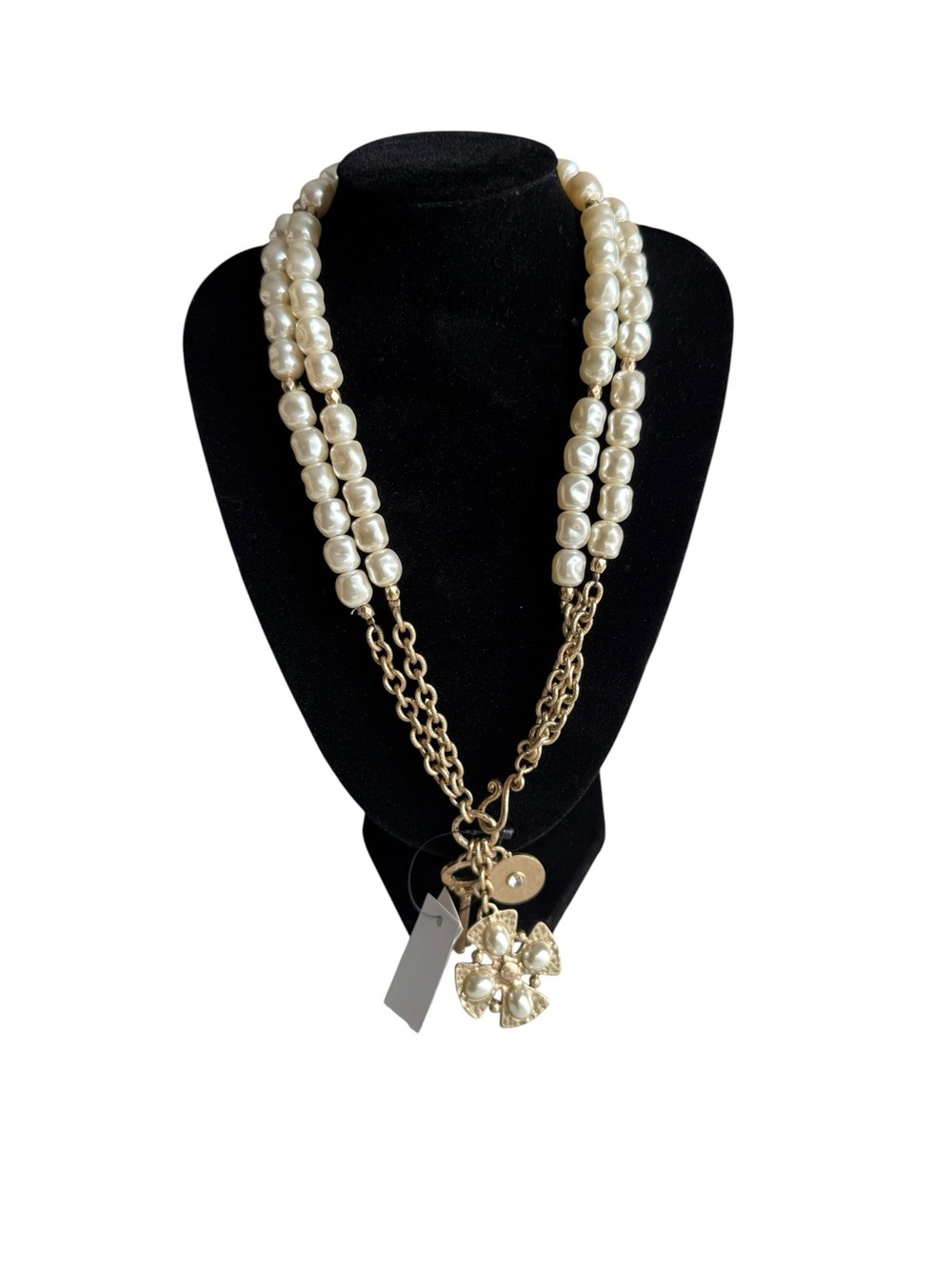 Chico’s Faux Pearl Necklace Charms Medallion Key White Gold NWT Double Strand
